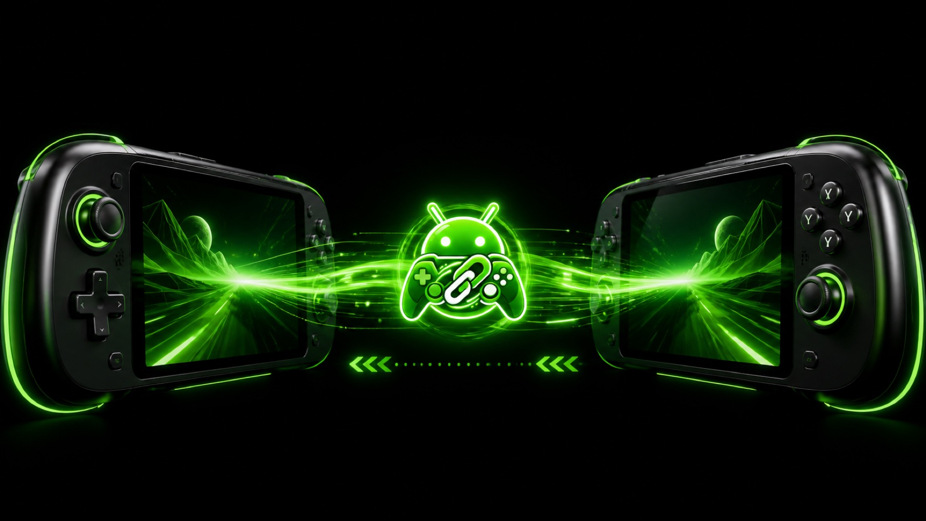 Two generic Android gaming handhelds linked by a green DroidLink streaming connection